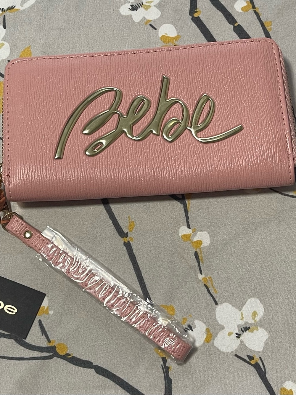 bebe Pink Zip-Closure Wristlet with Gold Logo